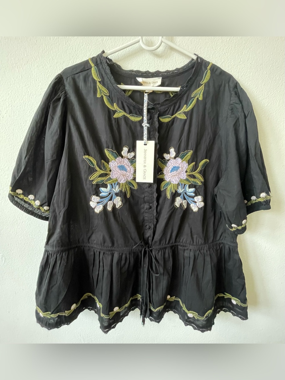 Jennifer & Grace Black Embroidered Floral Peasant Top (1X)